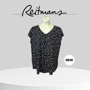 NWOT, Reitmans, Plus Size Floral V-Neck Blouse, 3X, Navy & White